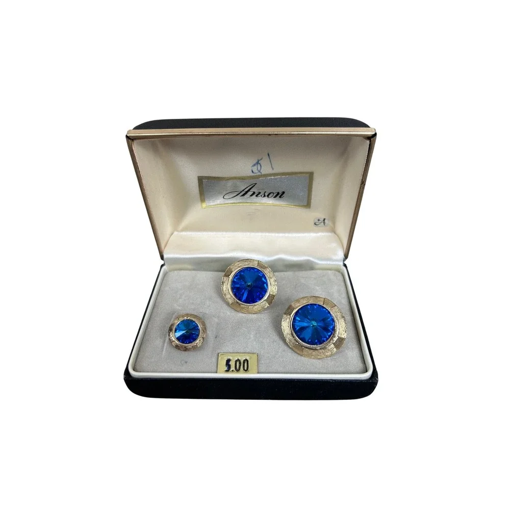 Vintage Anson Cufflinks and Stud Tie Tack Set Gold‎ Tone Blue Rhinestone